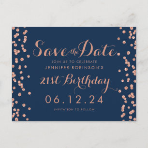 Cartão Postal De Anúncio Rosa Dourado Azul Aniversário de 21 anos Salvar Da