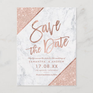 Cartão Postal De Anúncio Rosa dourado brilho script mármore salvar a data