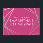 Cartão Postal De Anúncio Rosa e Prata Moderno Save the Date de Bat Mitzvah<br><div class="desc">Cartões-postais modernos, elegantes e na moda, em prata e rosa, para salvar a data do Bat Mitzvah, com uma borda única de quadrados geométricos. Personalize facilmente este cartão-postal acessível para o seu Bat Mitzvah com nome, data e detalhes da sua celebração divertida e sofisticada. Todo o texto é editável, então...</div>