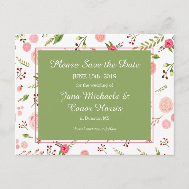 Cartão Postal De Anúncio Rosa Floral e Verde Casamento Salve a Data (Frente)