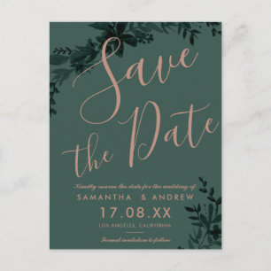 Cartão Postal De Anúncio Rosa gold script Floral green save date