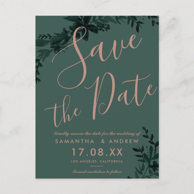 Cartão Postal De Anúncio Rosa gold script Floral green save date (Frente)