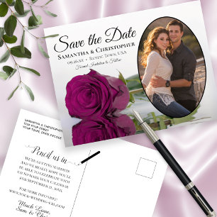 Cartão Postal De Anúncio Rosa Magenta Oval Foto Casamento Save The Date