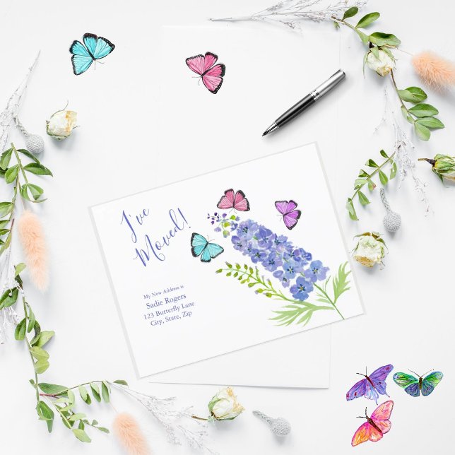 Cartão Postal De Anúncio Rosa, Roxo, Borboletas Delfinium Eu me Movi (Criador carregado)