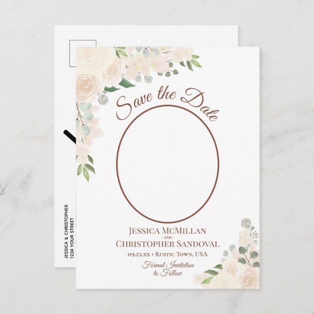 Cartão Postal De Anúncio Rosas Coradas em Tom de Pêssego Oval Foto Casament (Frente/Verso)