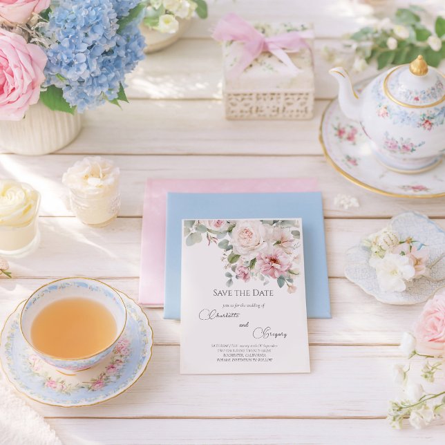 Cartão Postal De Anúncio Rosas florais românticos de aquarela Salvar a data (Criador carregado)