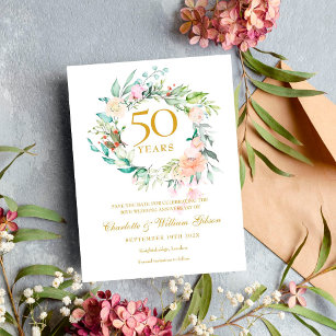 Cartão Postal De Anúncio Rosas Garland 50º Aniversário Salvar a Data