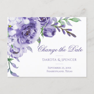 Cartão Postal De Anúncio Rosas Roxas | Elegante Mudança de Data em Aquarela
