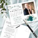 Cartão Postal De Anúncio Rosas Teal & Aqua Foto e Calendário Salvar Data<br><div class="desc">Este casamento rústico Salve o cartão postal da Data apresenta um elegante design floral de aquarela com um buquê de belos rosas pintados à mão e flores em tons de lacre, turquesa e aqua. O lado esquerdo do cartão tem um calendário personalizável com um coração à volta da data do...</div>