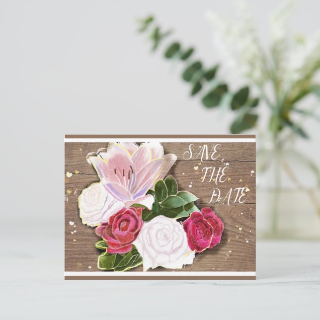Cartão Postal De Anúncio Rosas vermelhos e brancos Shabby-Chic (Em pé/Frente)