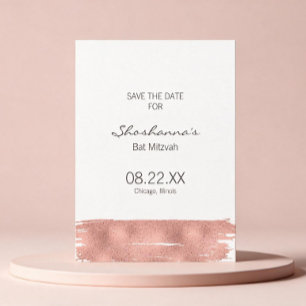 Cartão Postal De Anúncio Rose Gold Brushstroke Bat Mitzvah Save The Date