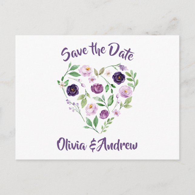 Cartão Postal De Anúncio Roses de Lavanda e Roxo em Aquarela Save The Date (Frente)