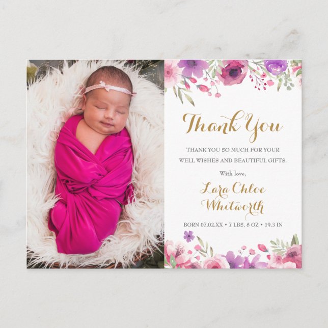 Cartão Postal De Anúncio Roteiro de Foto de Bebê Menina Obrigado Floral Nas (Frente)
