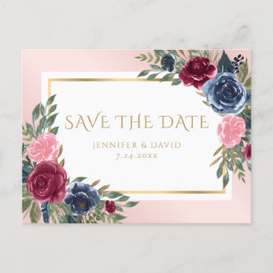 Cartão Postal De Anúncio Roxo Azul Marinho Rosa Floral Salvar A Data