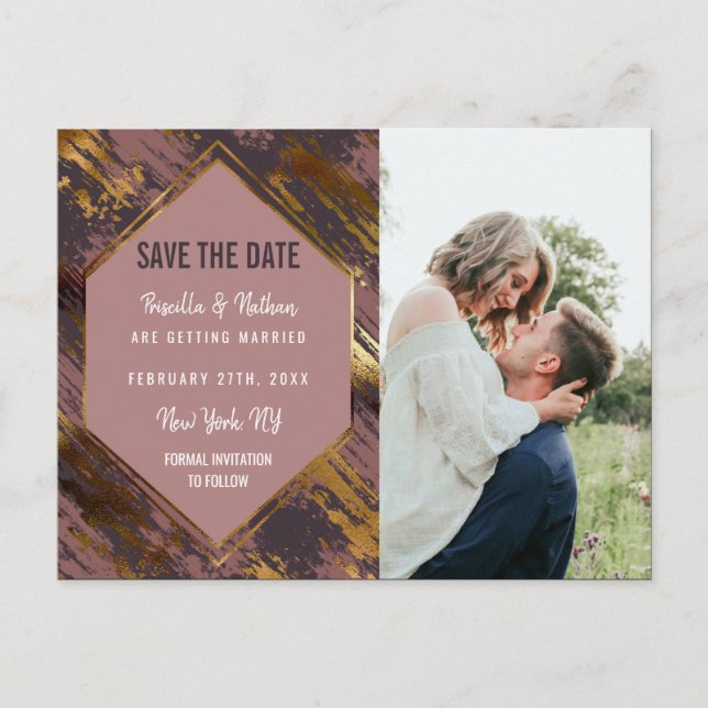 Cartão Postal De Anúncio Roxo Bege Dourado Pinceladas Modernas Salvar Data (Frente)