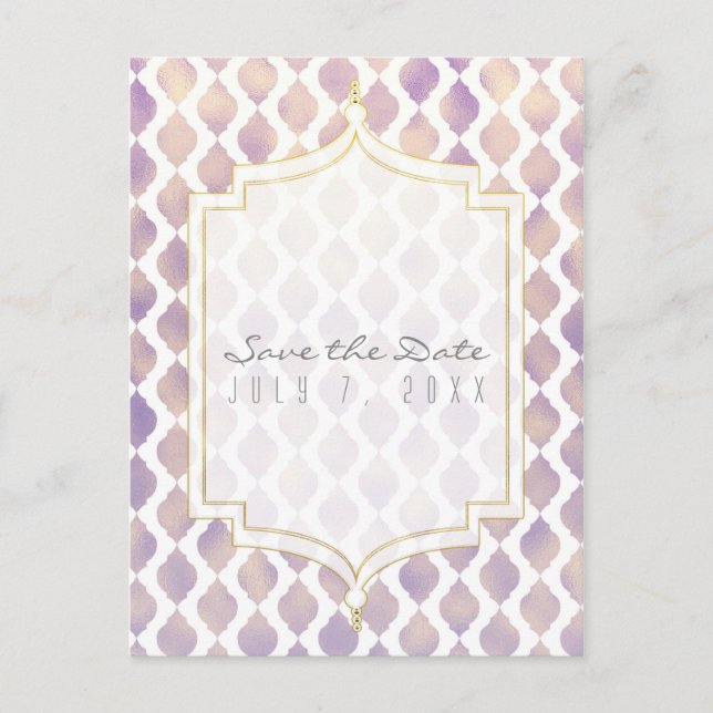 Cartão Postal De Anúncio Roxo Dourado & Branco Save the Date Casamento Marr (Frente)