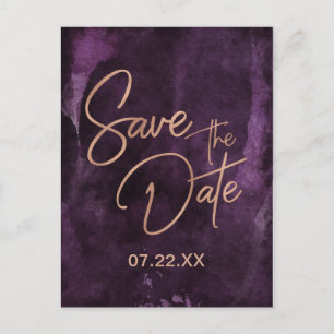 Cartão Postal De Anúncio Roxo Escuro & Casamento Rose Gold Salve a Data