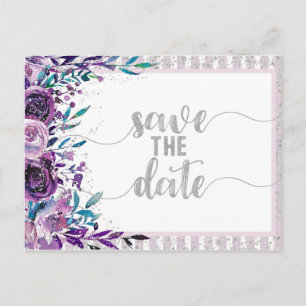 Cartão Postal De Anúncio Roxo Floral & Casamento Prateado Save the Date