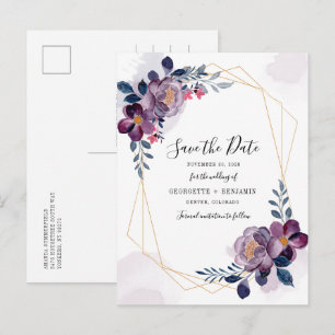 Cartão Postal De Anúncio Roxo Floral Geométrico Moderno Salva a Data