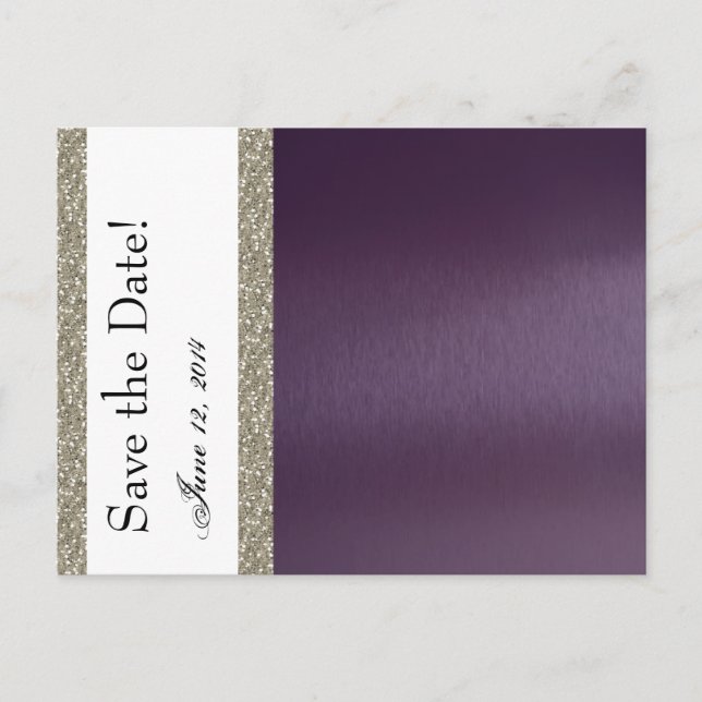 Cartão Postal De Anúncio Roxo Metálico e Prata Salvar a Data (Frente)