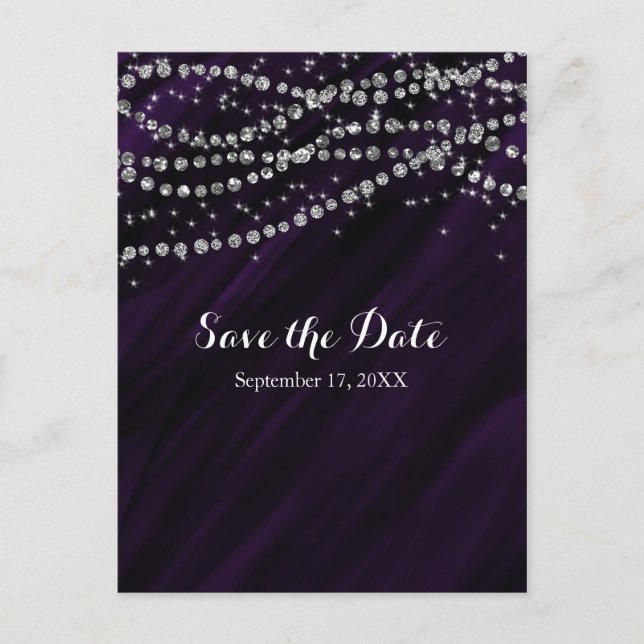 Cartão Postal De Anúncio Roxo & Prata Save The Date com Diamante Falso (Frente)