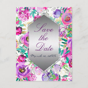Cartão Postal De Anúncio Roxo Rosa Moderno Floral Casamento Salve a Data