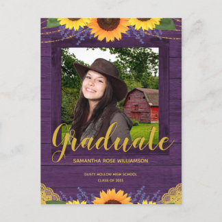 Cartão Postal De Anúncio Roxo Rústico de Girassol e Graduação de Fotos Dour