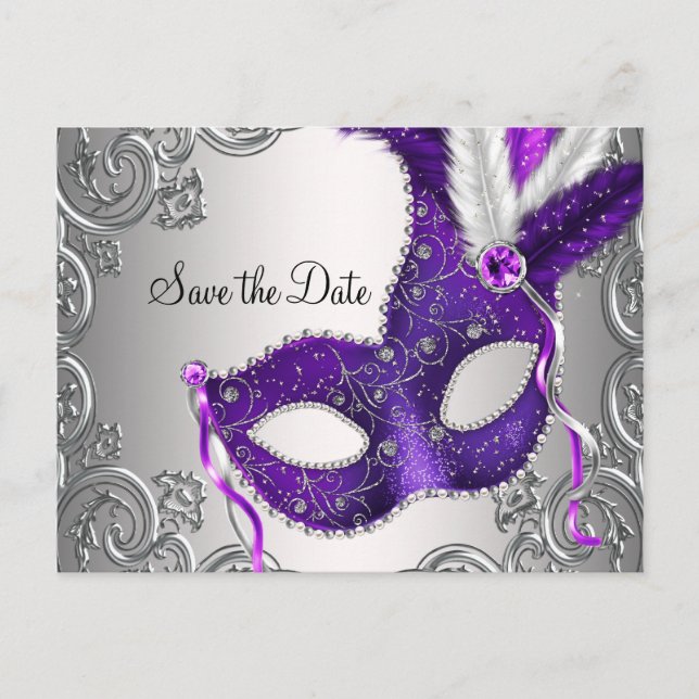 Cartão Postal De Anúncio Roxo Salve A Data Da Mascarada (Frente)