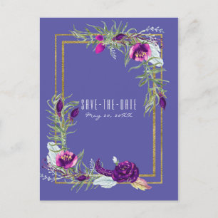 Cartão Postal De Anúncio Roxo Ultra Violeta e Dourado Floral Salve a Data