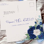 Cartão Postal De Anúncio Royal Blue e Ivory Rosa Floral Salvar a Data<br><div class="desc">Floral Salve o Cartão-Postal de Data para personalizar para qualquer ocasião. O design tem rosas em marinho azul real e marfim com confete de ouro, folhagem e folhas de eucalipto. Salve a data que está marcada com amor, o coração floresce. O modelo está configurado para você adicionar sua data especial...</div>