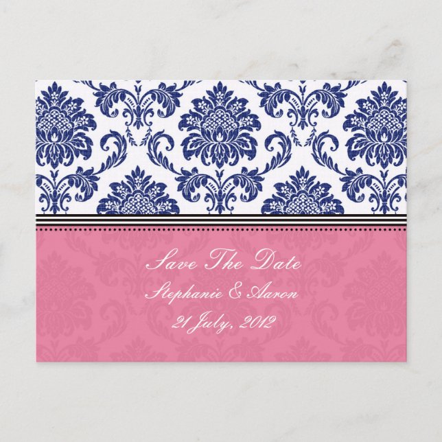 Cartão Postal De Anúncio Royal Blue e PInk Damask Salvar a data (Frente)