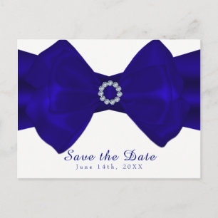 Cartão Postal De Anúncio Royal Blue Ribbon & Diamantes Salvem a Data Elegan