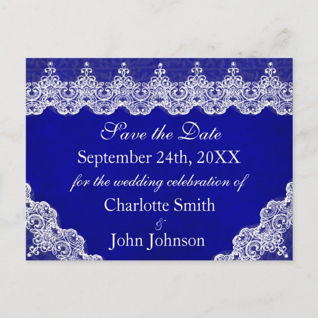 Cartão Postal De Anúncio Royal Personalizado Blue Cobalt Lace Salvar Data (Frente)