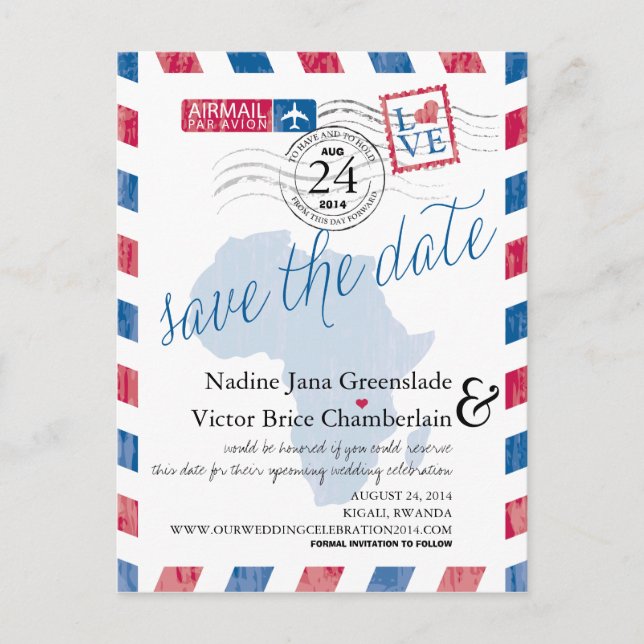 Cartão Postal De Anúncio Ruanda África do Sul, Casamento com Airmail, Salva (Frente)