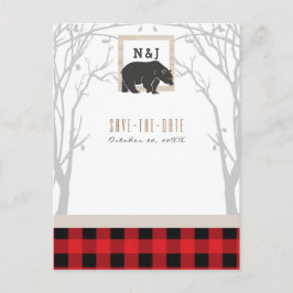 Cartão Postal De Anúncio Rustic Bear Vermelho Xadrez Floresta Casamento Sal
