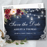 Cartão Postal De Anúncio Rustic Blue Wood Lights Jars Floral Salvar Data<br><div class="desc">Rustic Blue Wood String Lights Mason Jars Lace Watercolor Floral Salvar o Cartão-Postal - Impresso de Volta</div>