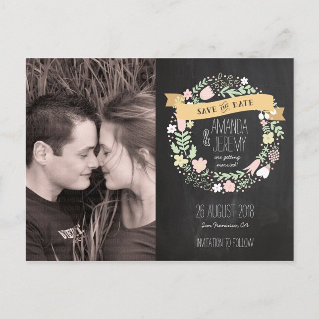Cartão Postal De Anúncio Rustic Boho Wreath Chalkboard Foto para salvar a d (Frente)