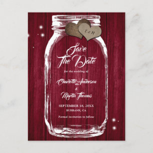 Cartão Postal De Anúncio Rustic Burgundy Mason Jar Casamento Salve A Data