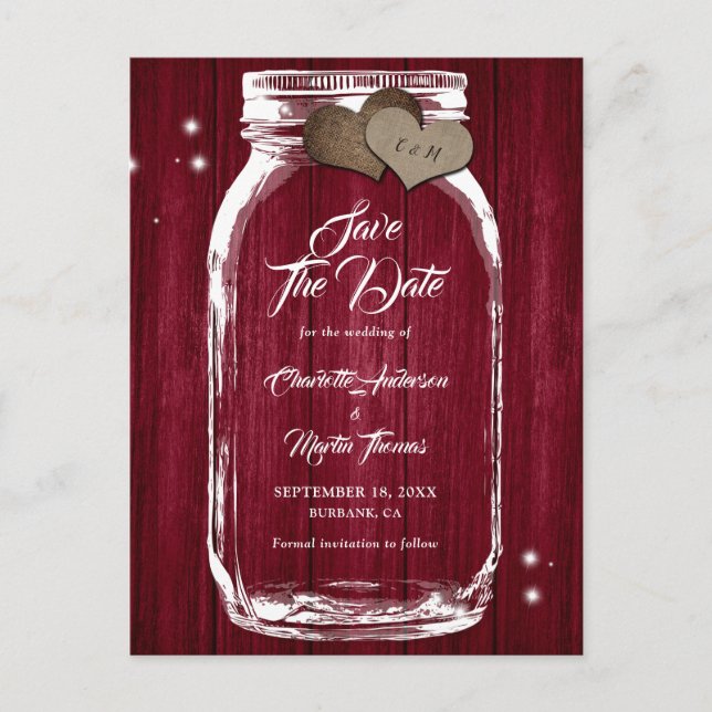 Cartão Postal De Anúncio Rustic Burgundy Mason Jar Casamento Salve A Data (Frente)