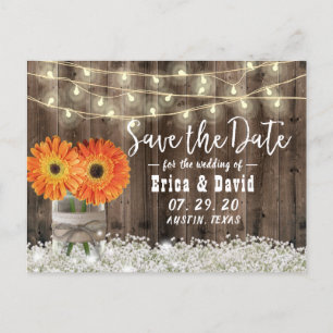 Cartão Postal De Anúncio Rustic Daisy Floral Jar Wedding Salvar Data