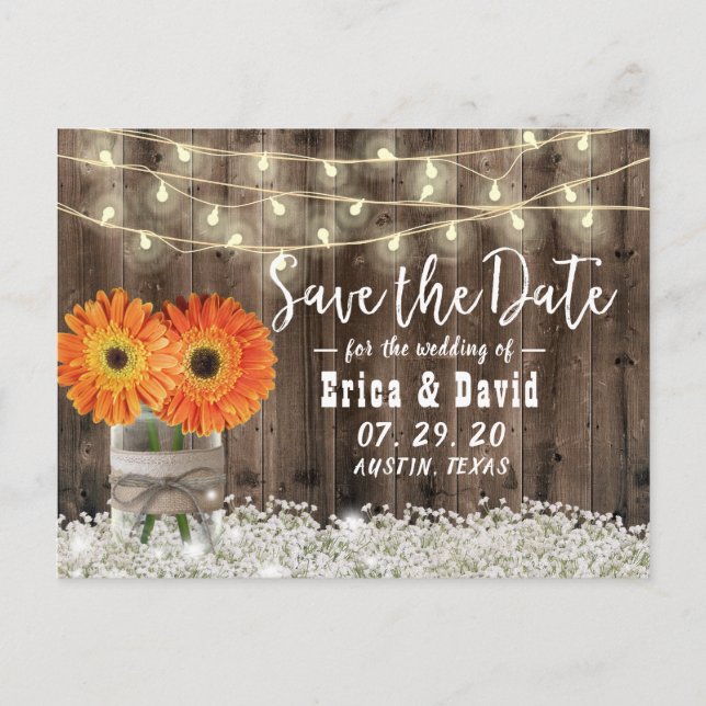 Cartão Postal De Anúncio Rustic Daisy Floral Jar Wedding Salvar Data (Frente)