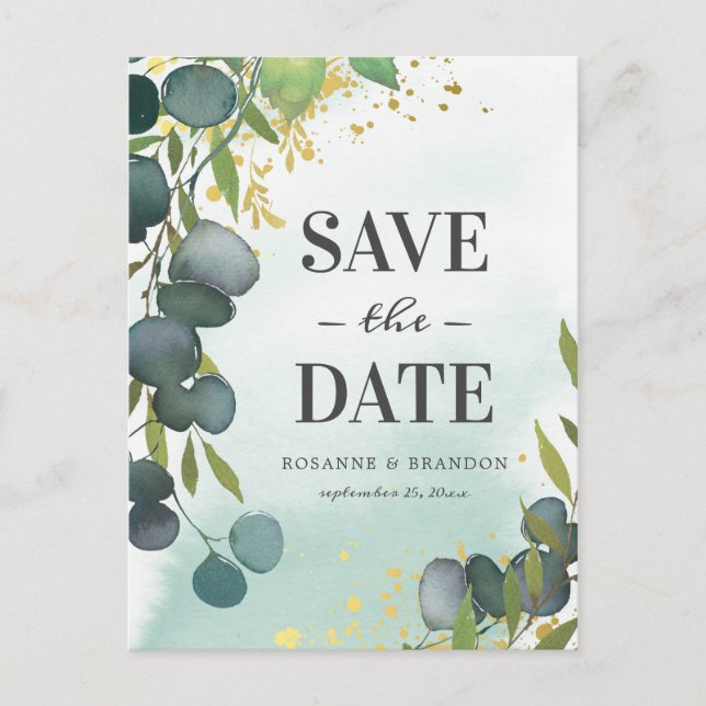 Cartão Postal De Anúncio Rustic Eucalyptus Wedding Save the Date (Frente)