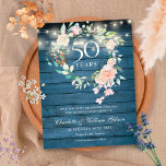 Cartão Postal De Anúncio Rustic Floral 50º Aniversário Salvar a Data<br><div class="desc">Apresentando um delicado rosa de aquarela verde floral e luzes de cordas sobre o fundo azul da madeira rústica, este 50º aniversário de casamento botânico exceto o cartão de data pode ser personalizado com suas informações especiais de ouro. O reverso apresenta uma garland floral correspondente que enquadra suas datas de...</div>