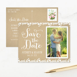 Cartão Postal De Anúncio Rustic Kraft e Lace Wedding Foto Salvar Data