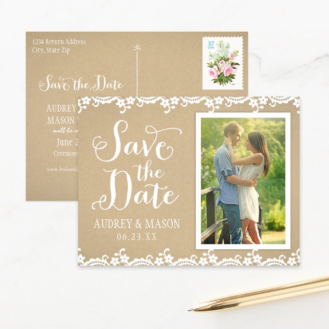 Cartão Postal De Anúncio Rustic Kraft e Lace Wedding Foto Salvar Data (Criador carregado)