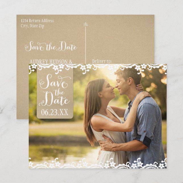 Cartão Postal De Anúncio Rustic Kraft e Renda Casamento Foto Salvar a Data (Frente/Verso)