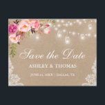 Cartão Postal De Anúncio Rustic Kraft Jar Lights Floral Rosa Salva a Data<br><div class="desc">Rustic Kraft String Lights Mason Jars Lace Watercolor Pink Blush Floral Salve a Data Cartão-Postal - Impresso</div>