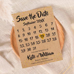 Cartão Postal De Anúncio Rustic Kraft Love Heart Calendar Salvar a Data