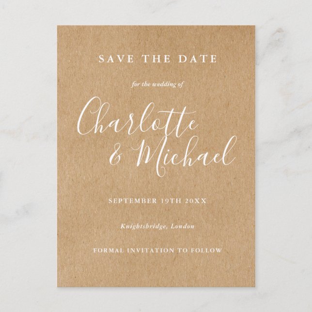 Cartão Postal De Anúncio Rustic Kraft Signature Wedding Save the Date Card (Frente)