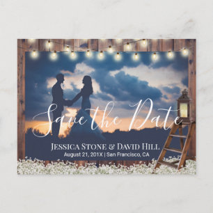 Cartão Postal De Anúncio Rustic Lanterna Wooden Casamento Salvem a Data